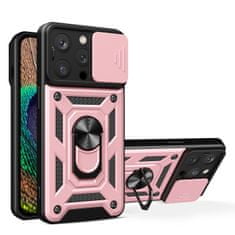 slomart oklepni ovitek s stojalom in pokrovom za kamero za iphone 15 pro max hybrid armor camshield - roza