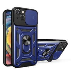 slomart oklepni etui hybrid armor camshield s stojalom in pokrovom za kamero za iphone 15 - modri