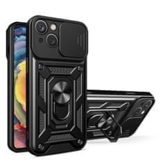 slomart oklepni ovitek s stojalom in pokrovom za kamero za iphone 15 plus hybrid armor camshield - črn