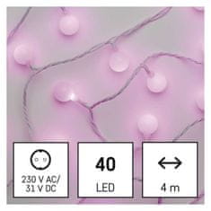 Emos LED svetlobna cherry veriga – kroglice 2,5 cm, 4 m, zunanja in notranja, rožnata, časovnik