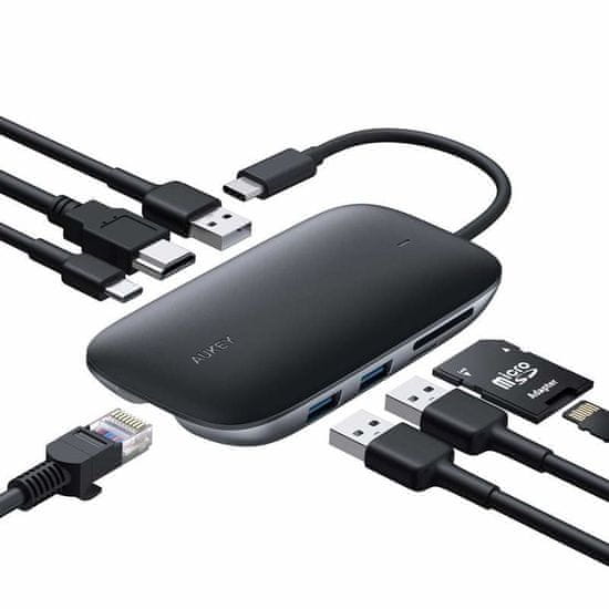 Aukey AUKEY CB-C71 Hub za povezljivost 5000 Mbit/s, USB-C, HDMI, RJ-45, črn, podpora za SD/microSD kartice