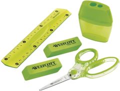 Westcott Komplet 5 delni škarje, ravnilo, šilček, radirka 2x zelen
