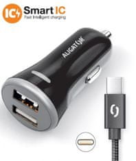 Aligator Pametni avtomobilski polnilec 3,4 A, 2xUSB, pametni IC, črn, kabel USB-C