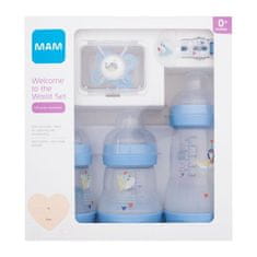 MAM Welcome To The World Set 0m+ Blue Set otroška steklenička Anti-Colic 160 ml 2 kos + otroška steklenička Anti-Colic 260 ml 1 kos + duda Start 1 kos + verižica za dudo 1 kos POKR