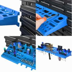 botle Kovinska stena za orodje 156x72 cm Sistem za shranjevanje z držali za orodje Kljuke za orodje in 7 škatlic za zlaganje 120 x 195 x 90 mm Barva: modra Perforirana plošča Delavnica Garaža Pegboard Elekt