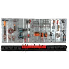 botle Kovinska stena za orodje 156x72 cm Sistem za shranjevanje z držali za orodje Kljuke za orodje in 10 škatlic za zlaganje 80 x 115 x 60 mm Barva: črna Perforirana plošča Delavnica Garaža Pegboard Elektr