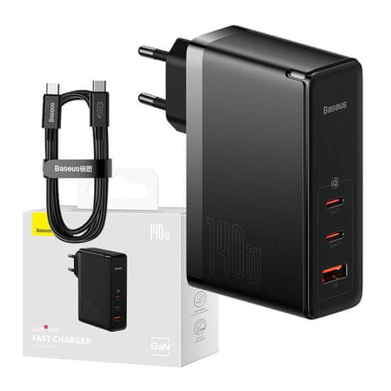 BASEUS Stenski polnilec Baseus GaN5 Pro 2xUSB-C + USB, 140 W (črn)