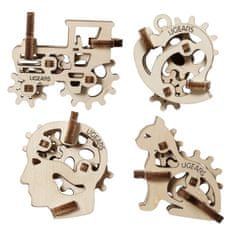 UGEARS 3D lesena mehanska sestavljanka 4 mehanski obeski Simboli znakov