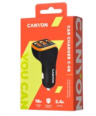 Canyon avtomobilski polnilec C-08, 1xUSB-C (PD 18W) + 2xUSB-A, vhod 12V-24V, izhod 5V-2,4A, Smart IC, CE,RoHS - črno oranžna