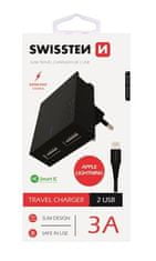 SWISSTEN NETWORK ADAPTER SMART IC, CE 2x USB 3 A POWER BLACK + PODATKOVNI KABEL USB / LIGHTNING MFi 1,2 M BLACK