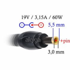 Akyga polnilec za prenosne računalnike 19V/3,16A 60W 5,5x3,0 mm + pin za SAMSUNG