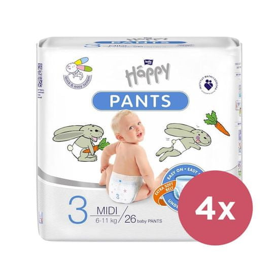 Bella Happy 4x hlače za enkratno uporabo za plenice 3 Midi (6-11 kg) 26 kosov