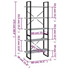 Vidaxl Knjižna omara 5-nadstropna siva sonoma 80x30x175 cm inžen. les