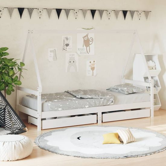 Vidaxl Otroški posteljni okvir s predali bel 90x190 cm trdna borovina