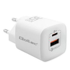 Qoltec polnilec qoltec gan ultra 35w | 5-20v | 2,25-3a | 1 x usb tipa c pd | 1x usb qc 3.0 | bela