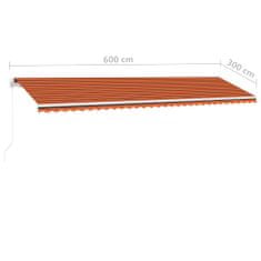 Vidaxl Ročno zložljiva tenda z LED lučkami 600x300 cm oranžna in rjava