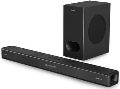 soundbar Majority Sierra Plus Bluetooth aux in hdmi usb vrata brezžični nizkotonec načini glasba filmi dialogi dinamični izenačevalnik