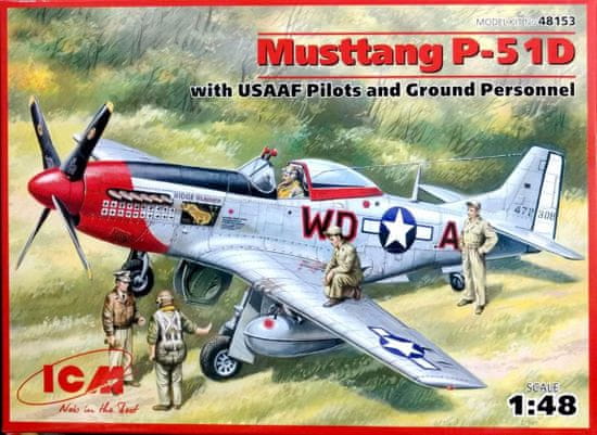 ICM maketa-miniatura Ameriški lovec Mustang P-51D druge svetovne vojne s piloti USAAF in kopenskim osebjem • maketa-miniatura 1:48 starodobna letala • Level 3