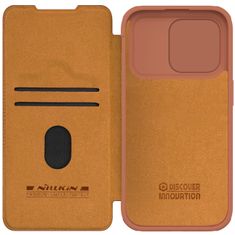 slomart usnjen ovitek s pokrovom za kamero za iphone 15 pro nillkin qin pro leather - brown