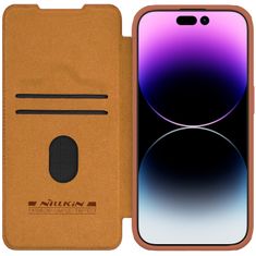 slomart usnjen ovitek s pokrovom za kamero za iphone 15 pro nillkin qin pro leather - brown