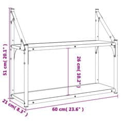 Vidaxl Stenska polica 2-nadstropna rjavi hrast 60x21x51 cm inž. les