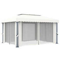 Vidaxl Paviljon z zaveso 4x3 m kremno bel aluminij