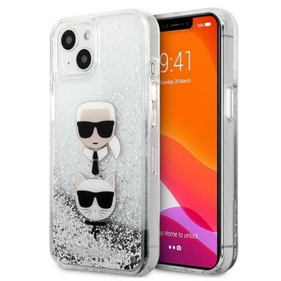 Karl Lagerfeld Karl Lagerfeld Liquid Glitter Karl &amp; Choupette Head - ovitek za iPhone 13 mini (srebrn)