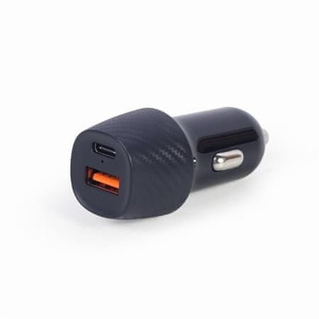 Gembird Avtomobilski polnilnik, 1x USB, 1x hitri polnilnik Type-C PD, QC3.0, 18 W, črn