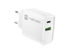 Natec Univerzalni polnilec RIBERA 20W 1X USB-A + 1X USB-C, bel