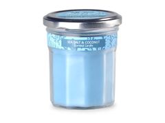 Emocio Modro steklo 69x85 mm s pločevinastim pokrovčkom, dišeča sveča Morska sol in kokos