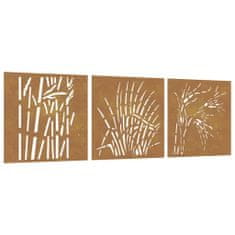 Vidaxl Vrtne stenske dekoracije 3 kosi 55x55 cm corten jeklo trava