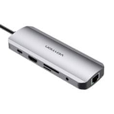 slomart Priključna postaja iz usb-c na hdmi, usb-c, 2x usb3.0, rj45, sd, tf, trrs 3.5mm, pd 0.15m vention tomhb (siva)