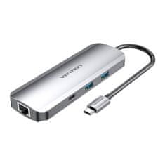 slomart Priključna postaja iz usb-c na hdmi, usb-c, 2x usb3.0, rj45, sd, tf, trrs 3.5mm, pd 0.15m vention tomhb (siva)