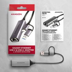 AXAGON ADE-TXCA, USB-C + USB-A 3.2 Gen 1 - Gigabitna Ethernet omrežna kartica, Asix AX88179, samodejna namestitev