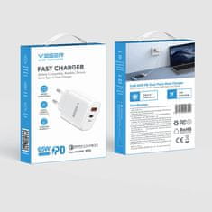 VEGER 65W1A1C 2-portni polnilec, USB-A/USB-C, QC3.0/PD3.0, bel