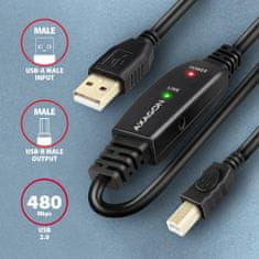 AXAGON adr-210b usb 2.0 a-m -&gt; b-m aktivni priključni kabel/ojačevalnik 10m