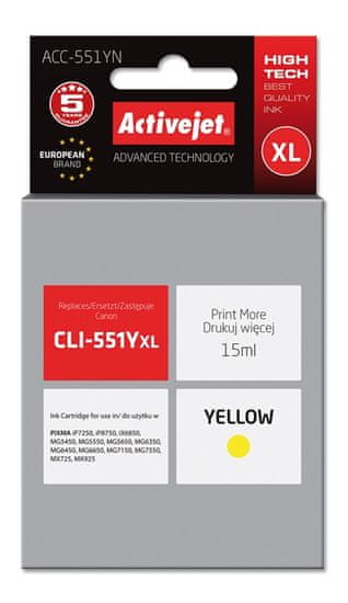 slomart activejet acc-551yn črnilo (nadomestno za canon cli-551y; vrhunsko; 15 ml; rumeno)