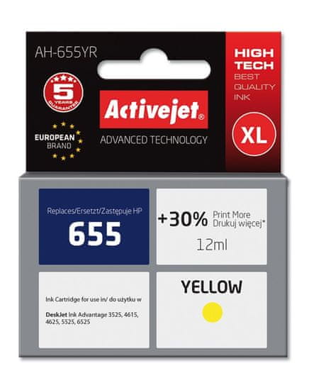 slomart activejet ah-655yr črnilo (nadomestno črnilo hp 655 cz112ae; premium; 12 ml; rumeno)