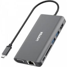 Unitek hub 8-w-1 d1019a usb3.1 typ-c + 2xusb + hdmi + vga + giga + sd