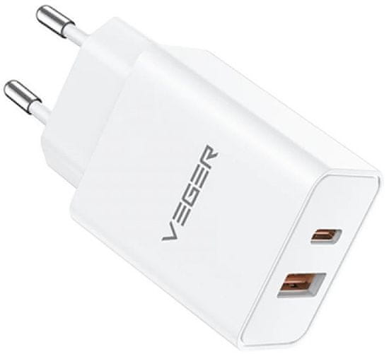 VEGER VLS302U 2-portni polnilec, USB-A/USB-C, QC3.0/PD3.0, bel