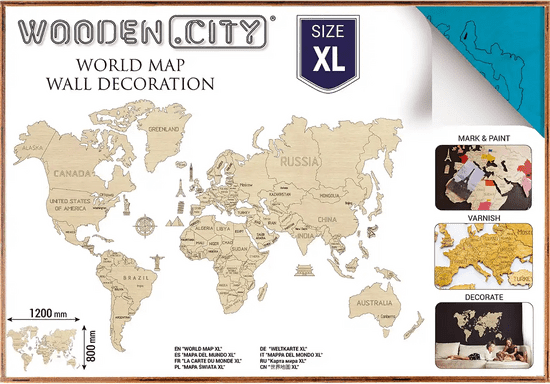 Wooden city Leseni zemljevid sveta velikosti XL (120x80cm), modri