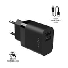 FIXED Komplet omrežnega polnilnika z izhodom 2xUSB in kablom USB/USB-C, 1 meter, 17W Smart Rapid Charge, črn