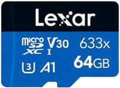 Lexar 64 GB visoko zmogljivega 633x microSDXC UHS-I, (branje/pisanje: 100/45 MB/s) C10 A1 V30 U3