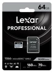 Lexar 64 GB visoko zmogljivega 1066x microSDXC UHS-I, (branje/pisanje: 160/70 MB/s) C10 A2 V30 U3