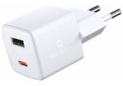 SWISSTEN omrežni adapter GaN 1x USB-C + 1xUSB 30W PD mini 3x3x3 cm Bela