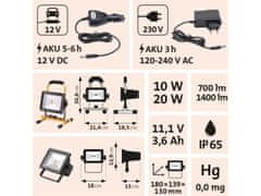 Extol Light LED reflektor, polnilna s stojalom, 700/1400lm, Li-ion