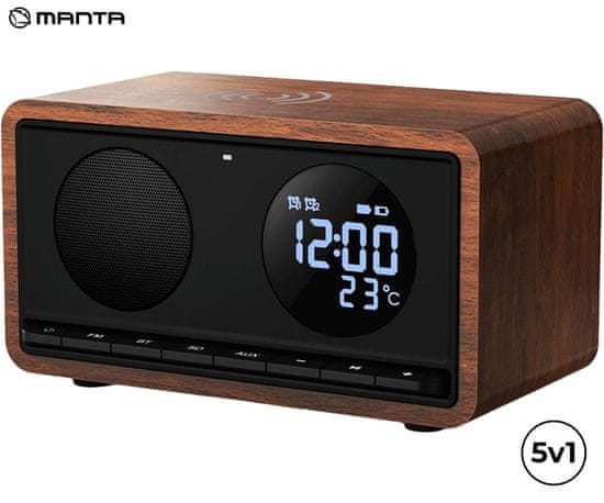 Manta RDI912 RIMINI radio/ura/budilka/ Qi polnilec, 5v1, FM Radio, Bluetooth, microSD/AUX/USB-C, črn (Velvet Black)