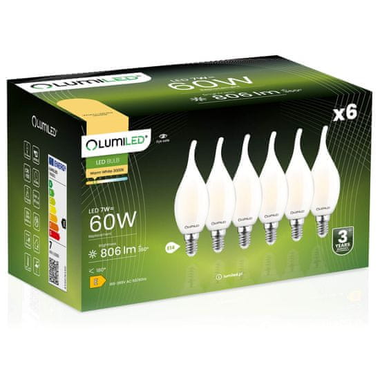 LUMILED 6x LED žarnica E14 BA35 7W = 60W 770lm 3000K Toplo bela 360° Filament mlečni mehurček