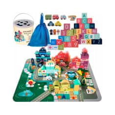 Netscroll Komplet kock različnih oblik s priročno škatlo in podlogo za igro, Lesene kocke za igranje, darila, ideja za darila, darila za otroke, BlockCity