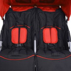 Vidaxl Otroški voziček za dvojčke jeklen rdeč in črn
